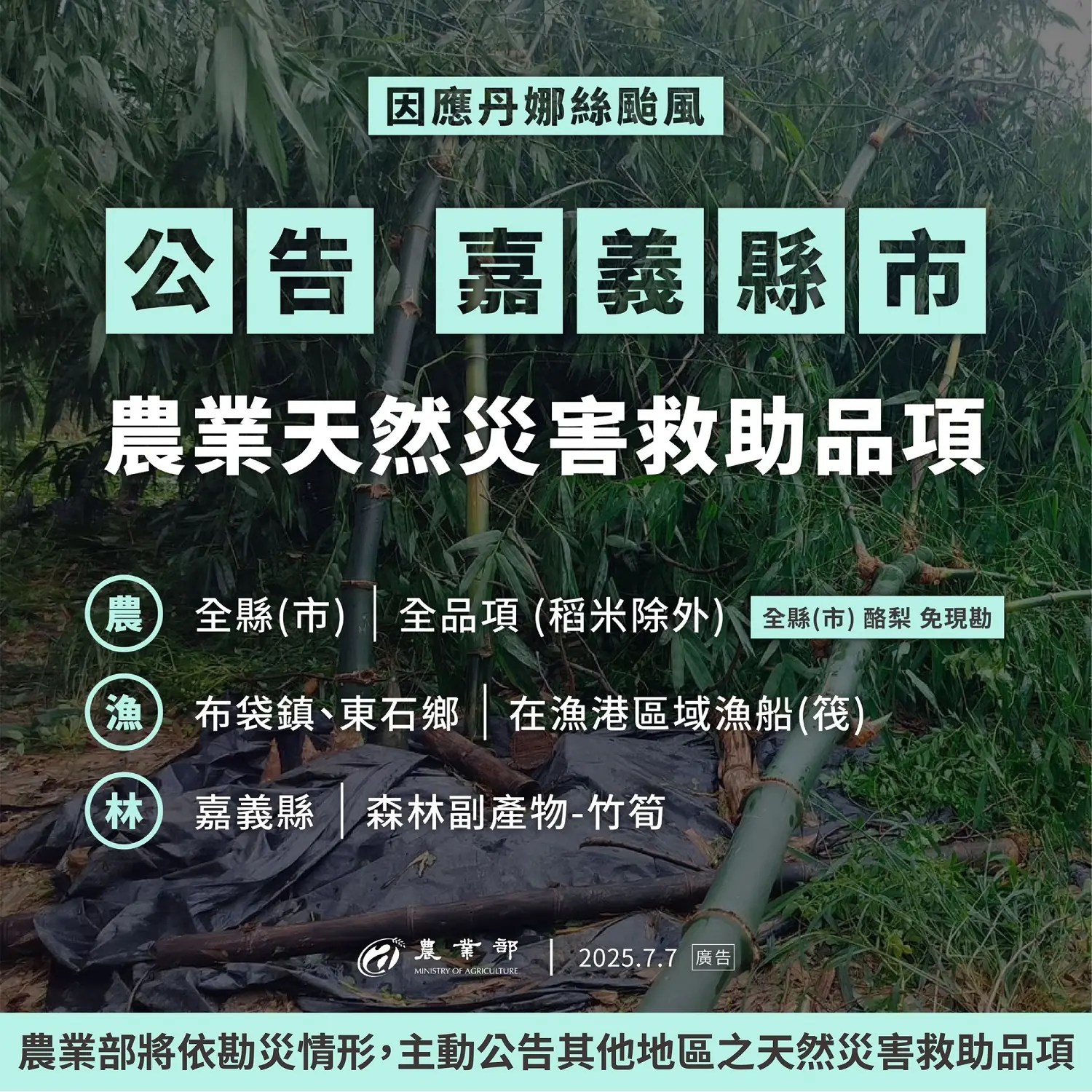 嘉縣農產業全品項(稻米除外)現金救助及低利貸款　今起受理申請