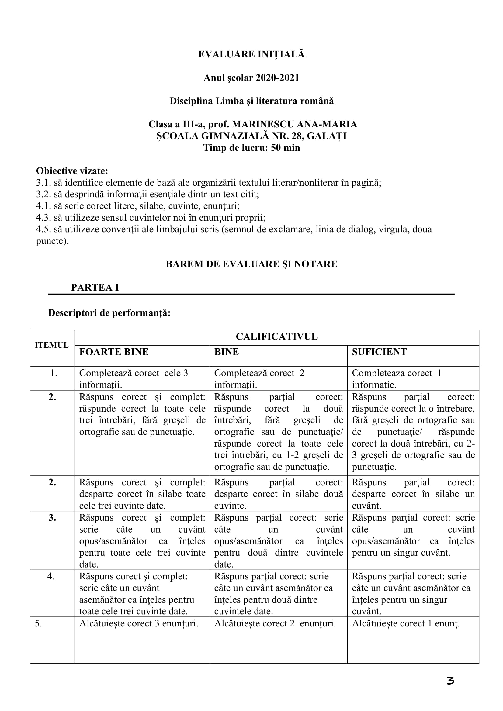 Academiaabc Evaluare IniÈialÄ Limba Èi Literatura RomanÄ Clasa A Iii A