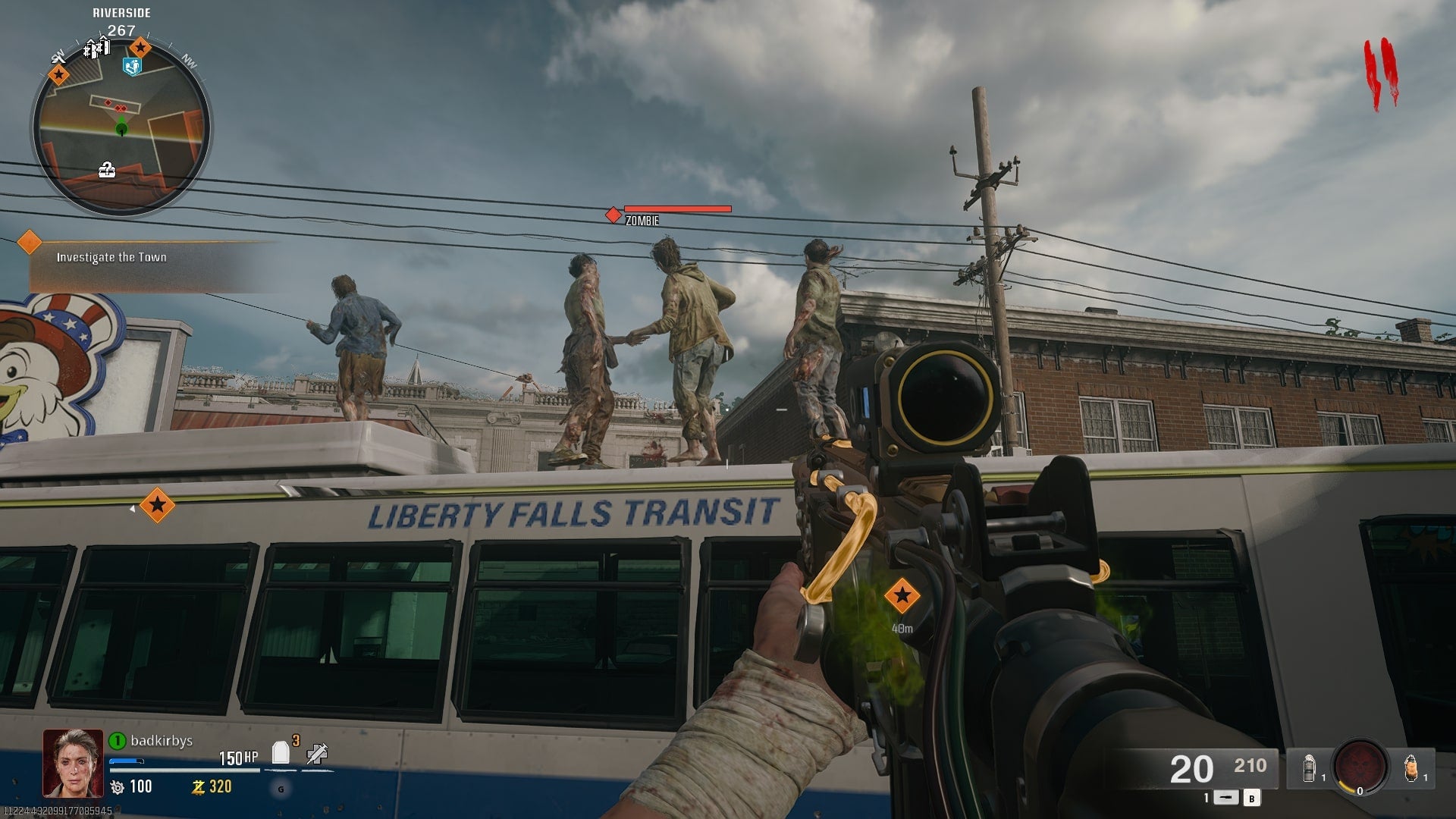 The player looks at some zombies dancing atop a bus on Liberty Falls in Call of Duty: Black Ops 6