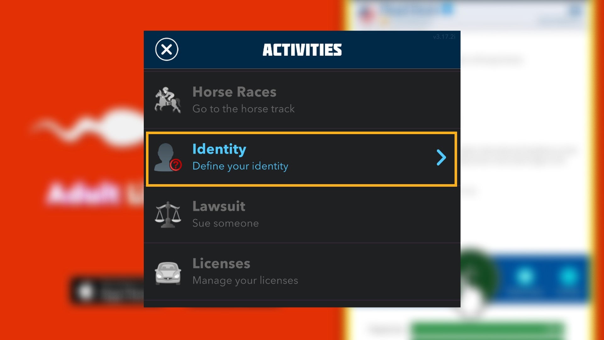 The Identity section of the Activities tab is labelled in Bitlife