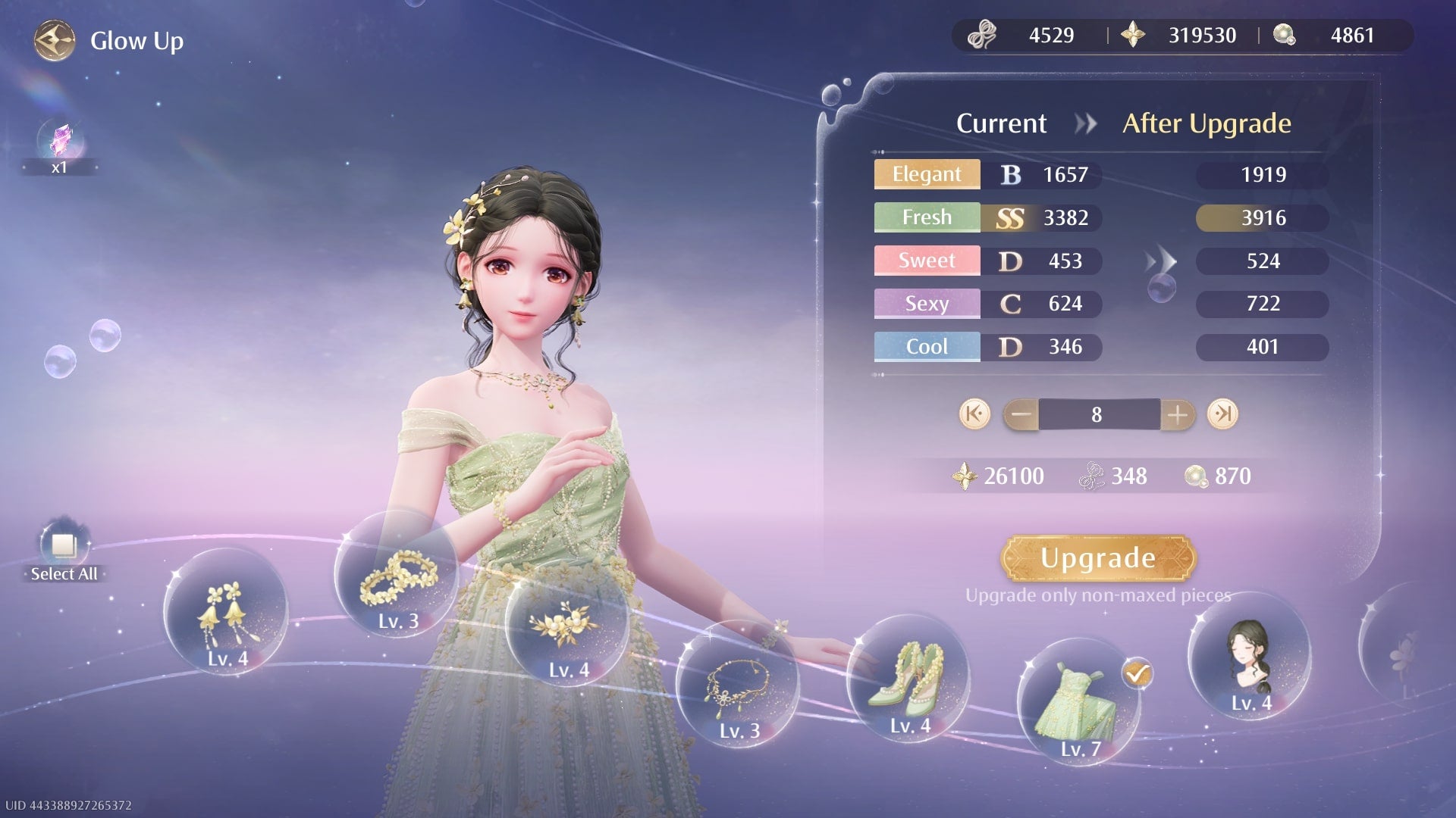 The player is looking at the Glow Up (upgrade) menu for the Blossoming Stars outfit in Infinity Nikki