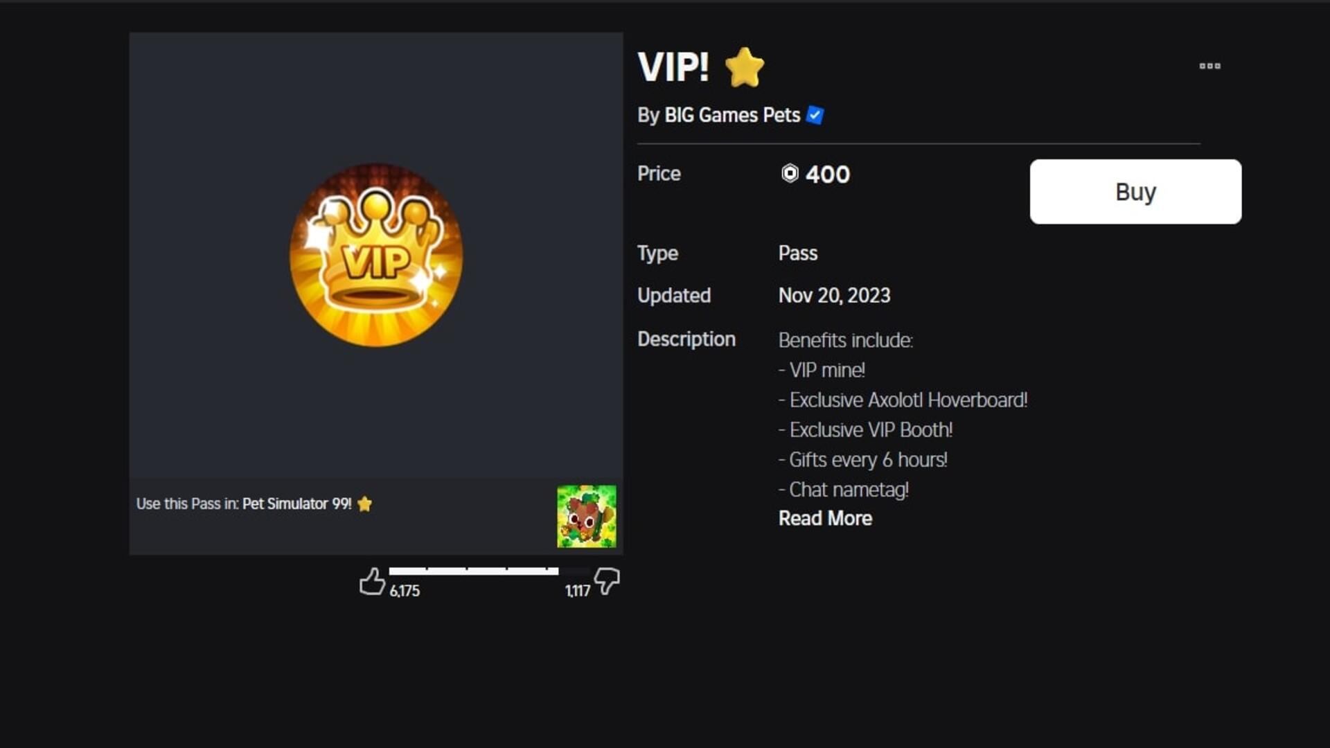 The details of what is included in Roblox's Pet Simulator 99 VIP Gamepass are shown