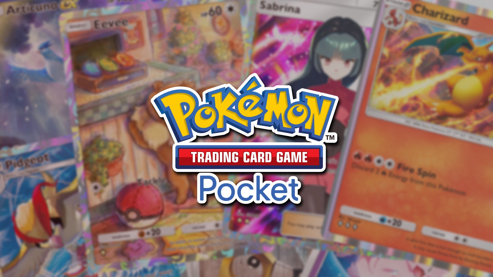 Pokemon Trading Card Game Pocket headline image, featuring scattered cards and the logo