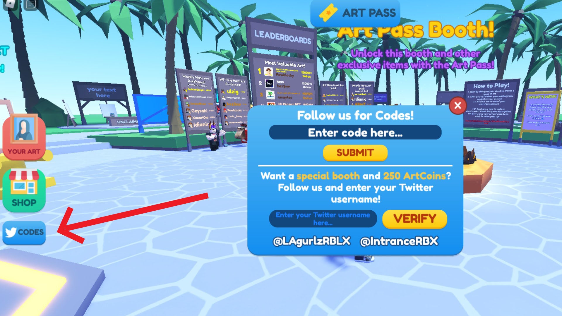 Roblox Starving Artists code redemption menu and Twitter menu