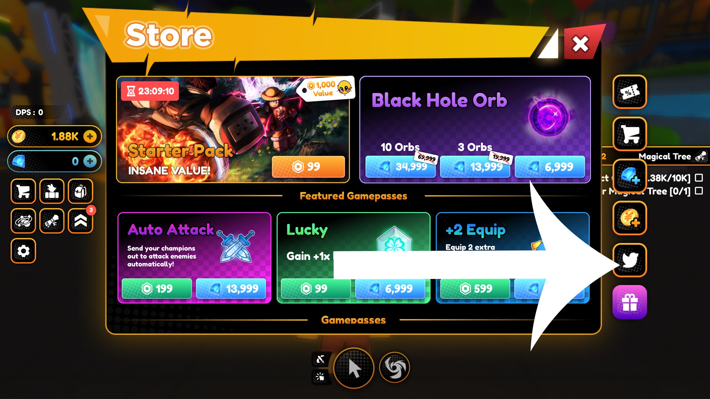 Arrow pointing at the button players need to press to access the codes menu in Anime Champions Simulator.