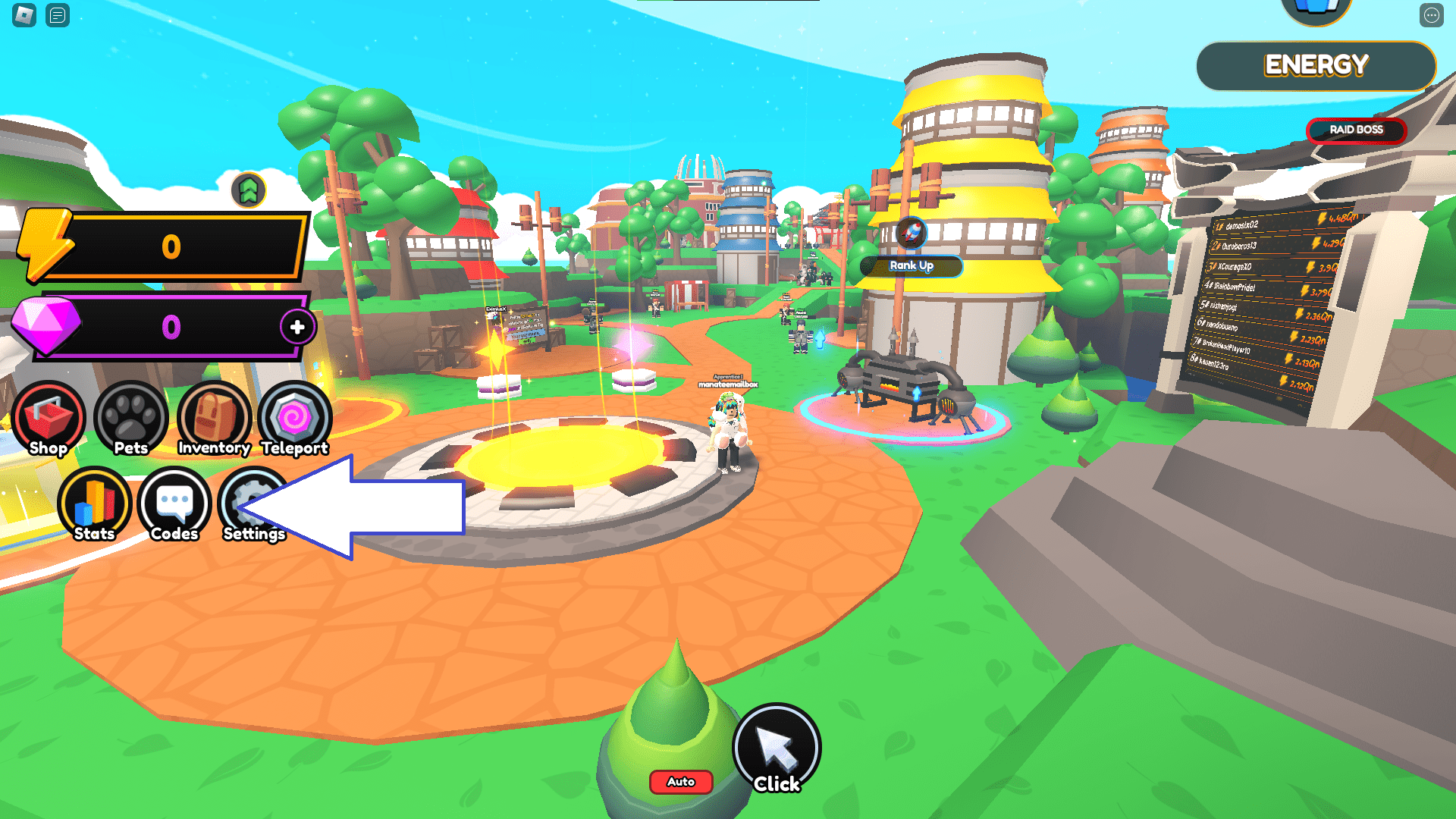 Anime Punch Simulator in Roblox's lobby, with an arrow pointing to its codes button.