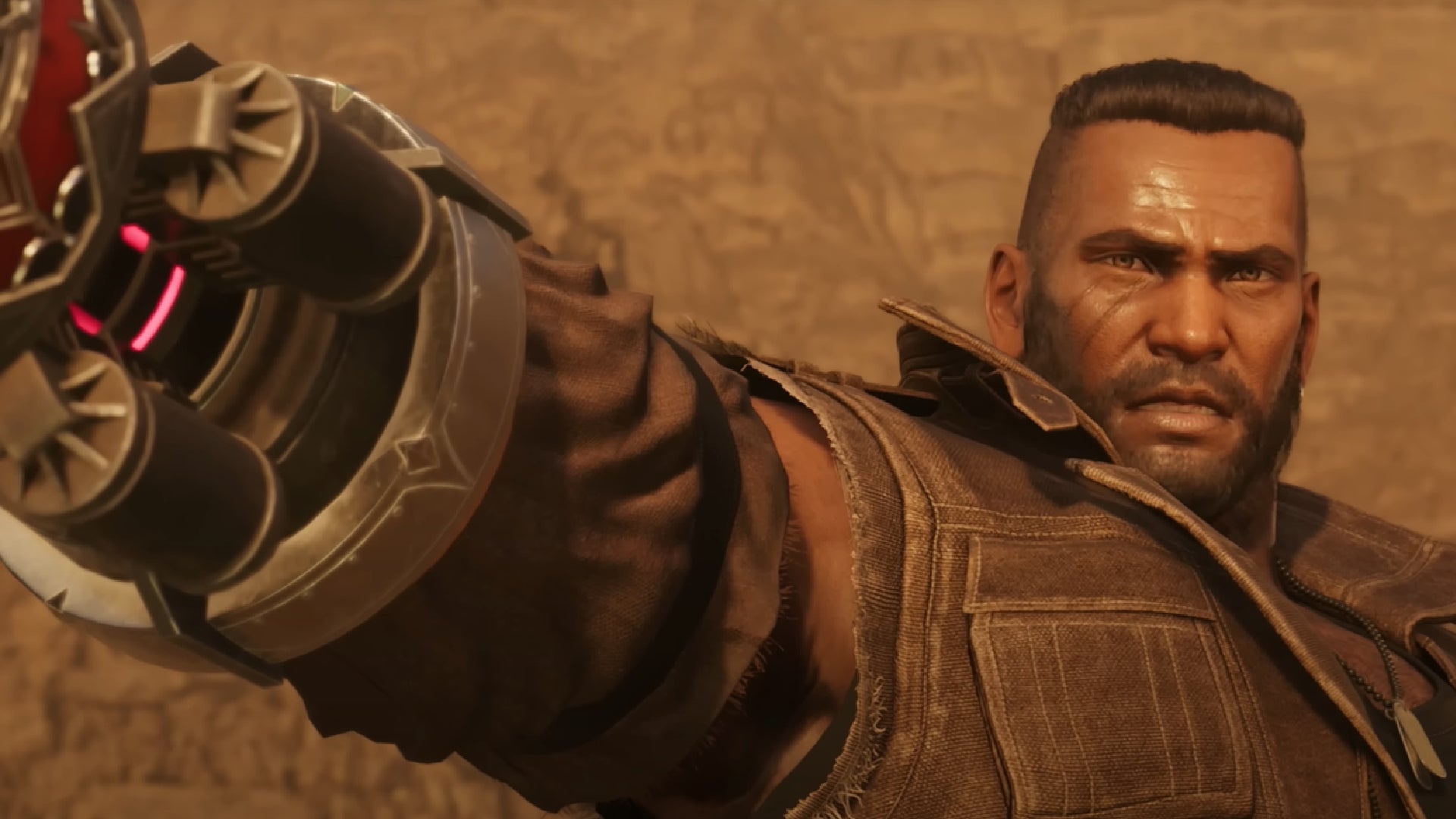 A close-up of Barrett from Final Fantasy 7 Rebirth, holding his arm cannon forwards.