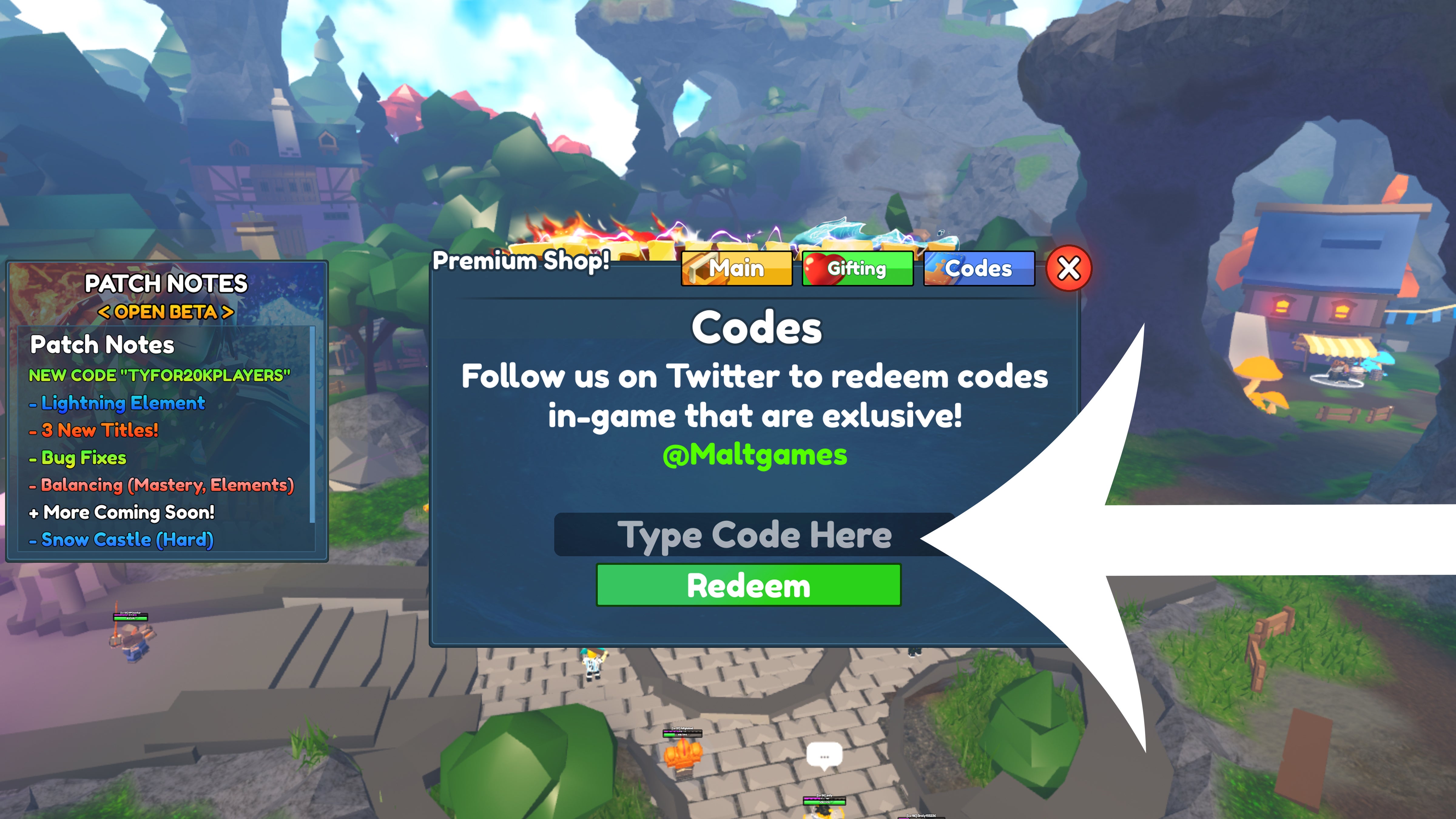 Arrow pointing at the codes menu in the Roblox game Elemental Dungeons.
