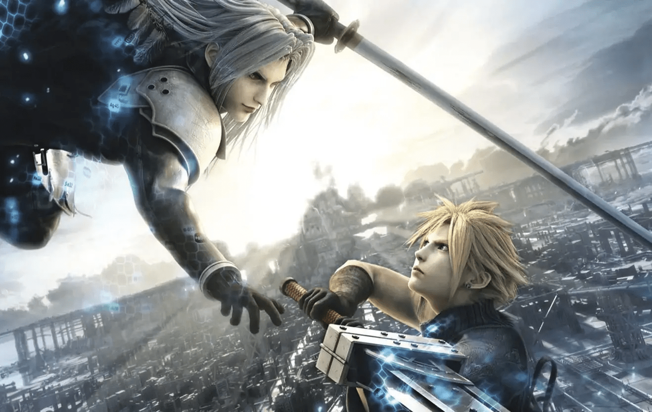 Artwork for Final Fantasy 7 Advent Children film showing Sephiroth and Cloud facing off over a cityscape
