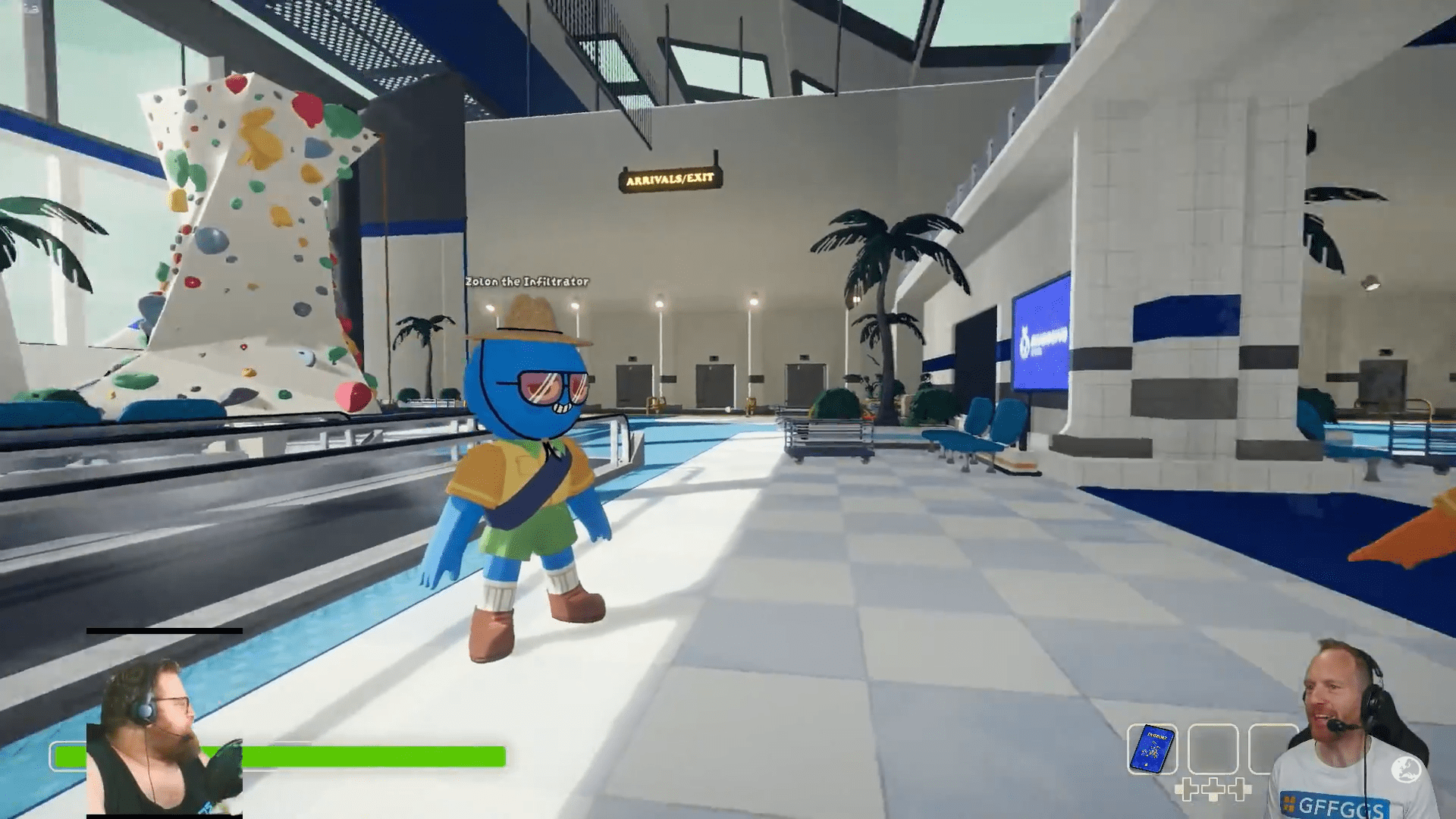 Screenshot from a Eurogamer stream showing Jim in the lower left corner and Ian in the lower right corner. They are playing Peak. Gameplay is taking place in the airport lobby area