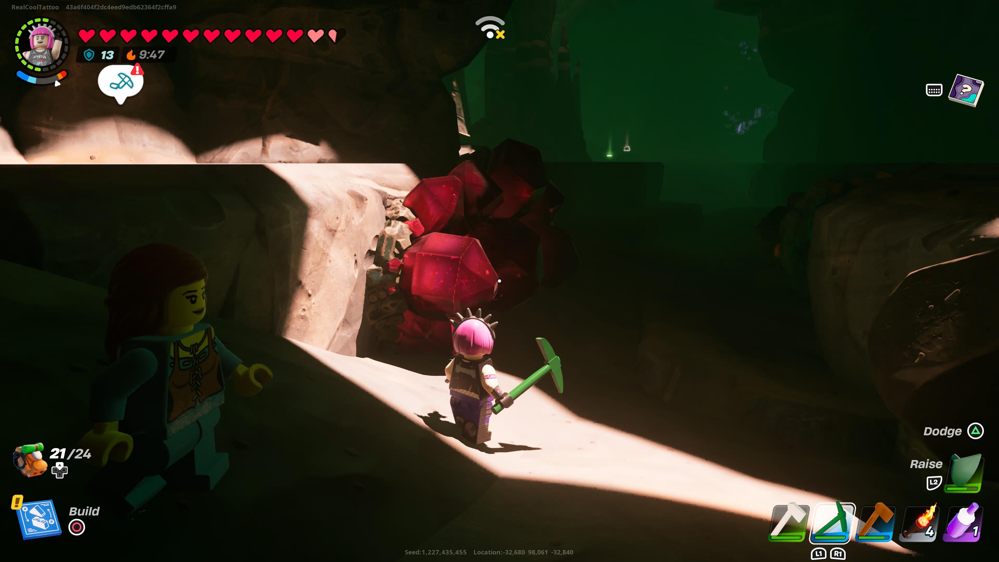 Power Chord standing next to a Ruby outcrop in LEGO Fortnite