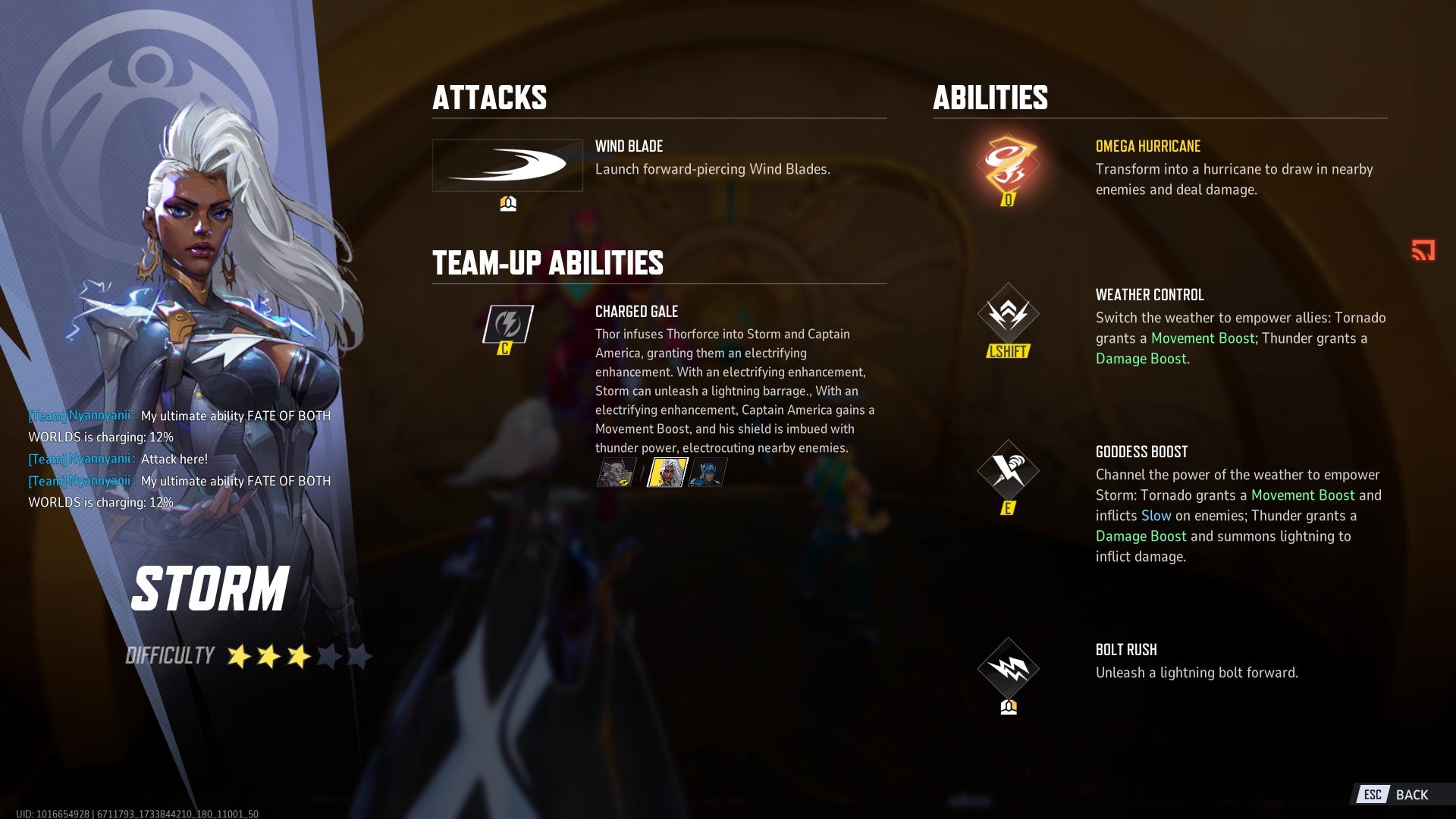 Storm's character sheet, displaying her abilities.