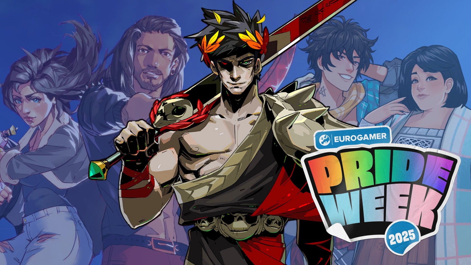 Composite image showing Zagreus from Hades surrounded by characters from Boyfriend Dungeon and Date Everything. A logo for Eurogamer's Pride Week 2025 appears in the bottom-right corner.