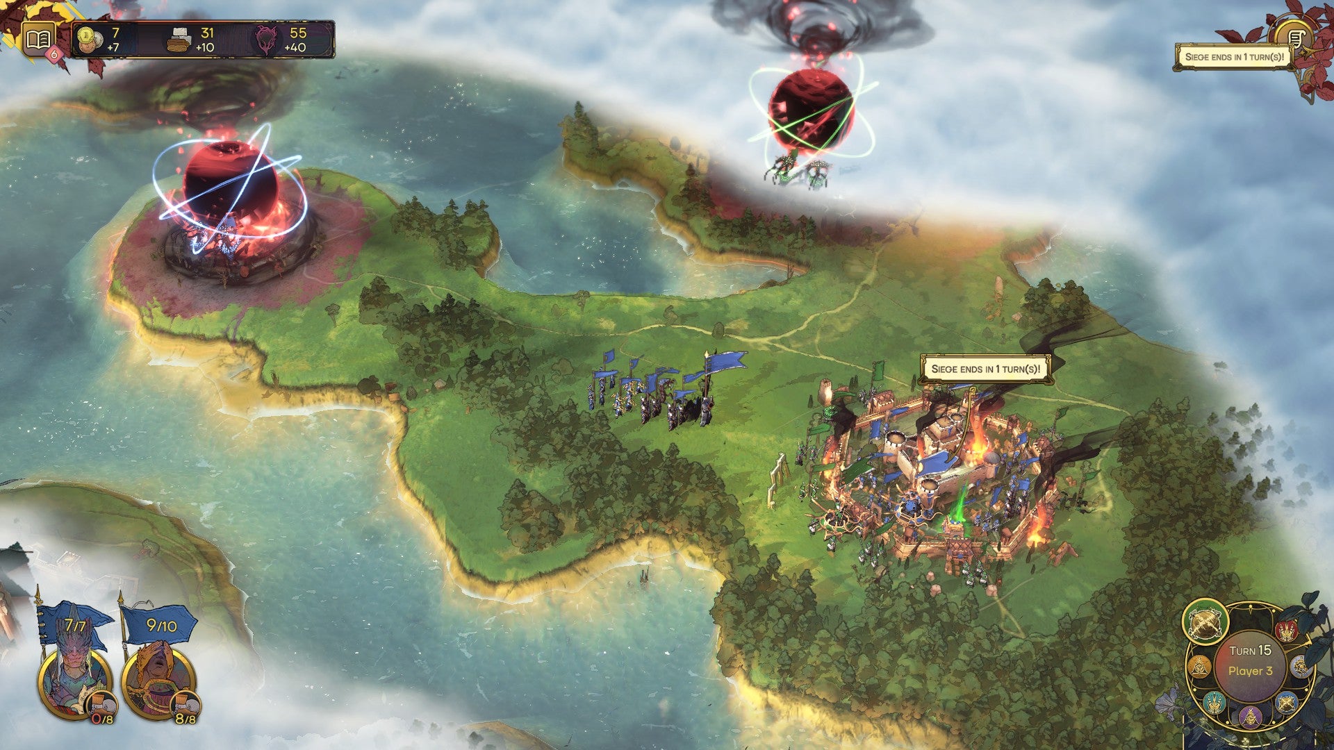 Sieging an enemy base. An army stands outside a hold, while the enemy base succumbs to a swirling orb of chaotic energy.