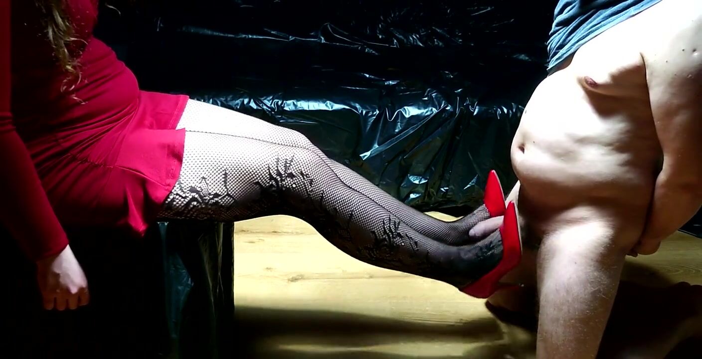 Mistress Redix - Sexy Red Dress and Red High Heels Extreme Ballbusting. 