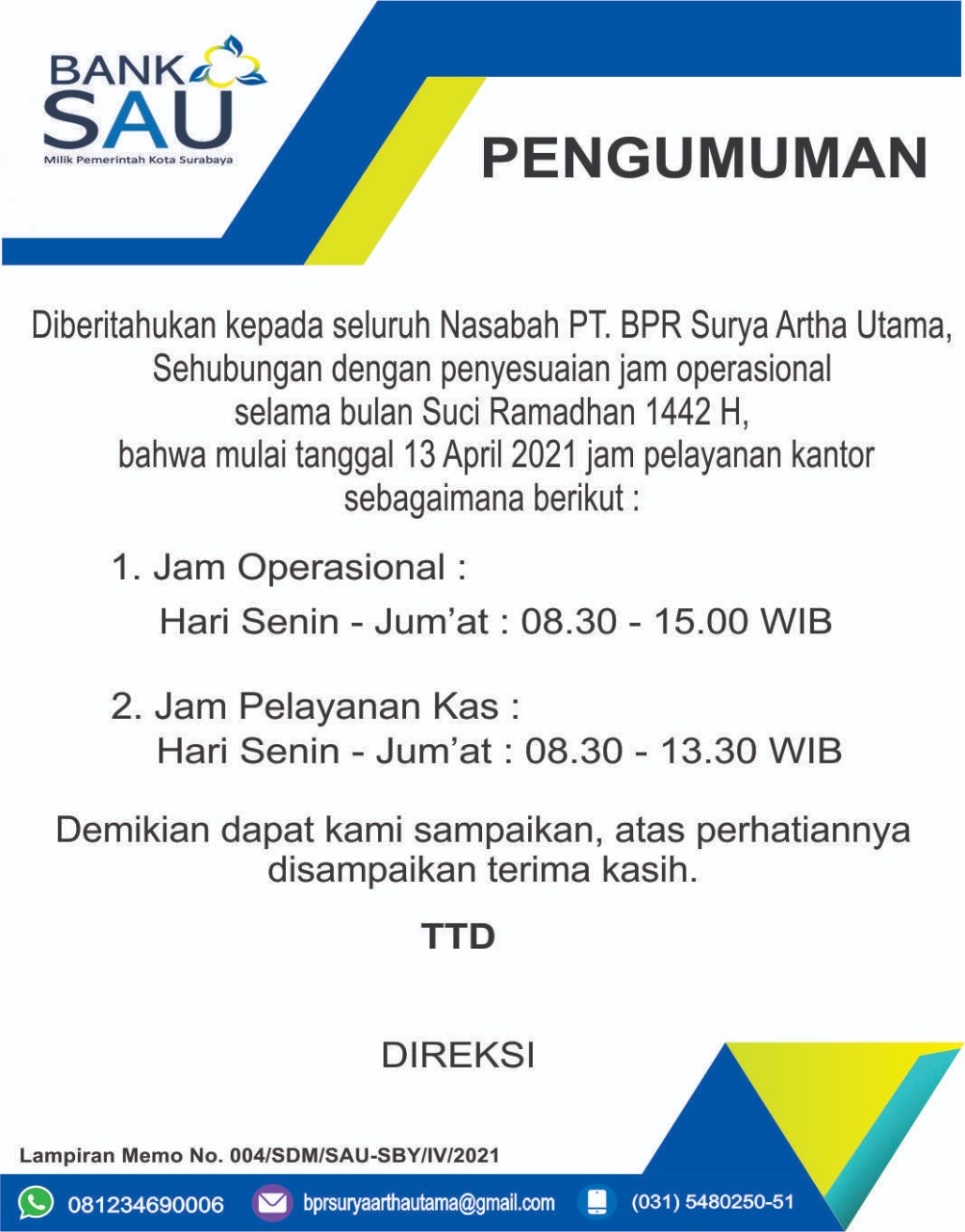 Pengumuman Jam Operasional & Jam Pelayanan Kas | PT. BPR SURYA ARTHA UTAMA