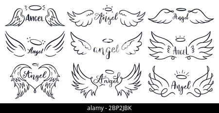 Elegant Angel Flying Wings. Hand Drawn Wing Tattoo Vector Design Collection. Angel Wing Line, Illustration Of Freedom Tattoo Sketch Hand Drawn Stock Vector Image & Art - Alamy 233_x_450_jpg