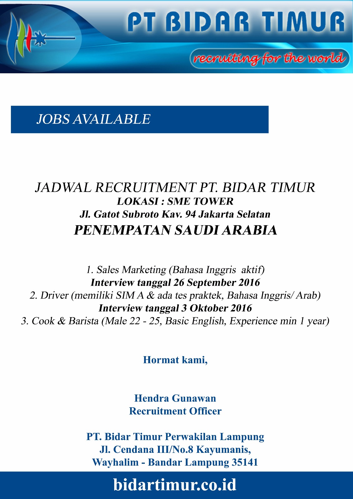 CCED Universitas Lampung | Lowongan Kerja PT Bidar Timur