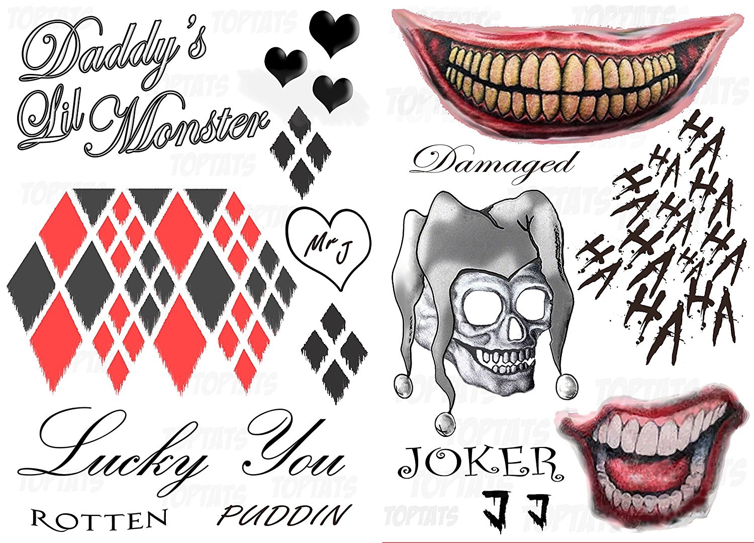 Couples Fancy Dress Costume Outfit Accessories Harley Quinn & Joker Suicide Squad Temporary Tattoos, Damaged,Skull,Mouth,Rotten,Puddin,Lucky You, Cosplay, Comic Con Halloween By Top Tats By Top Tats - Shop Online For Toys In 1080_x_1500_jpg