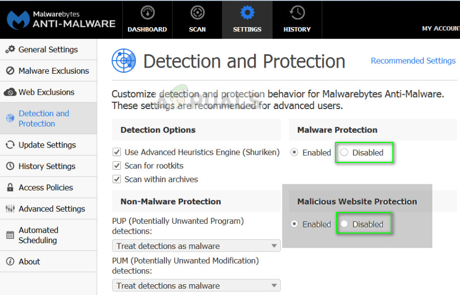 Disabling Malwarebytes