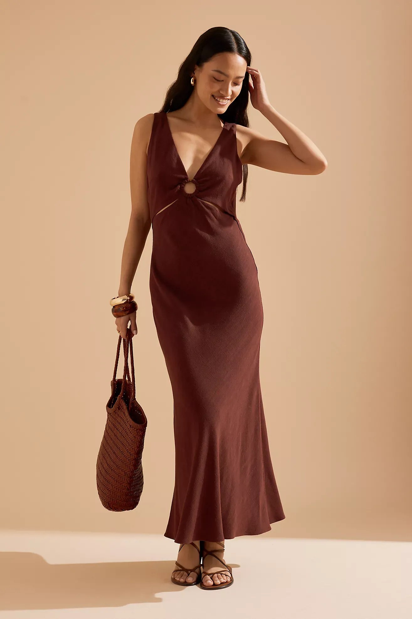 By Anthropologie Lola V-Neck Linen-Blend Midi Dress