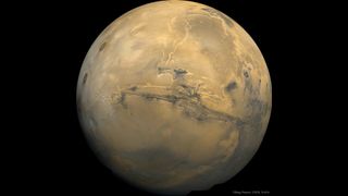 Se puede ver un enorme cañón en la superficie de Marte. Mosaico del hemisferio Valles Marineris de Marte compuesto por 102 imágenes de Viking Orbiter de esta enorme característica del Planeta Rojo.