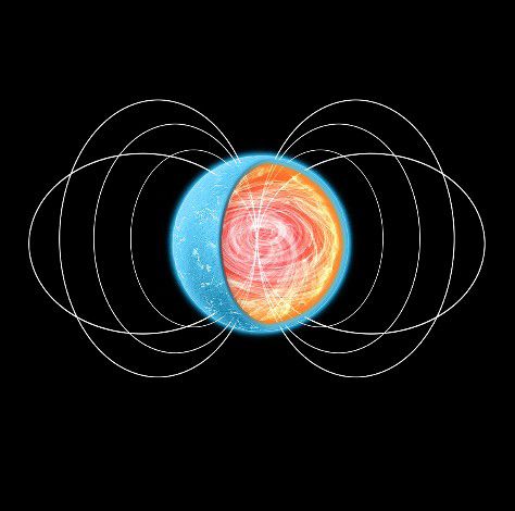 Representación artística de una estrella de neutrones. La capa de pasta nuclear estaría situada en la corteza más interna, cerca del núcleo.