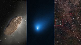 Tres imágenes de panel que muestra una ilustración gráfica de 'Oumuamua, una imagen de Hubble de azul brillante de Borisov y una imagen de campo estrella ocupado con una imagen insertada 3i/atlas.