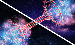 Una ilustración de la materia que se vierte en un agujero negro, cruzando un puente Einstein-Rosen y emergente en otra región del universo