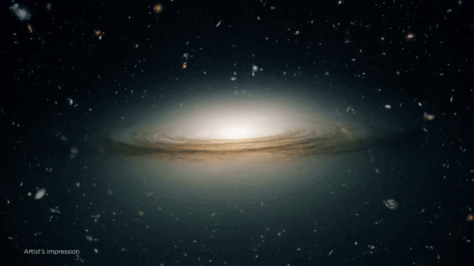 Se ve una esfera azul expandiéndose a través del espacio, volviéndose más grande que una galaxia entera.