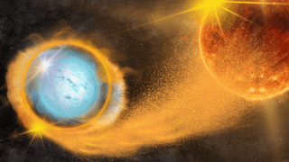 Una esfera azul claro rodeada de humo naranja que lo vincula con el hemisferio inferior de una esfera de naranja más grande