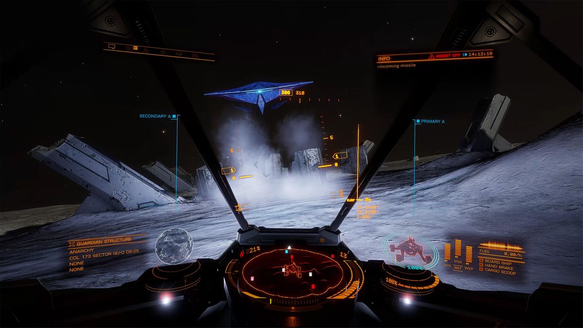 Captura de pantalla del juego de exploración espacial Elite Dangerous que muestra una nave espacial aterrizando en un planeta árido desde el interior de la cabina.
