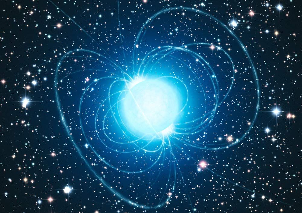 Esta impresión artística muestra el magnetar en el joven y rico cúmulo estelar Westerlund 1. Este notable cúmulo contiene cientos de estrellas muy masivas, algunas de las cuales brillan con un brillo equivalente a casi un millón de soles. <a href=http://www.space.com/scienceastronomy/massive-mega-star-challenges-black-hole-theory-100818.html>Historia completa</a>.