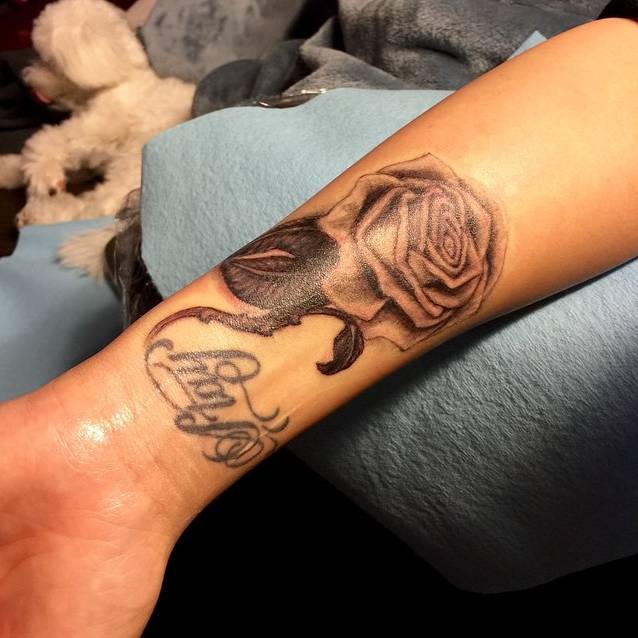 Forearm Tattoo Of A Rose And Wrist Tattoo Saying "Stay" 638_x_638_jpg