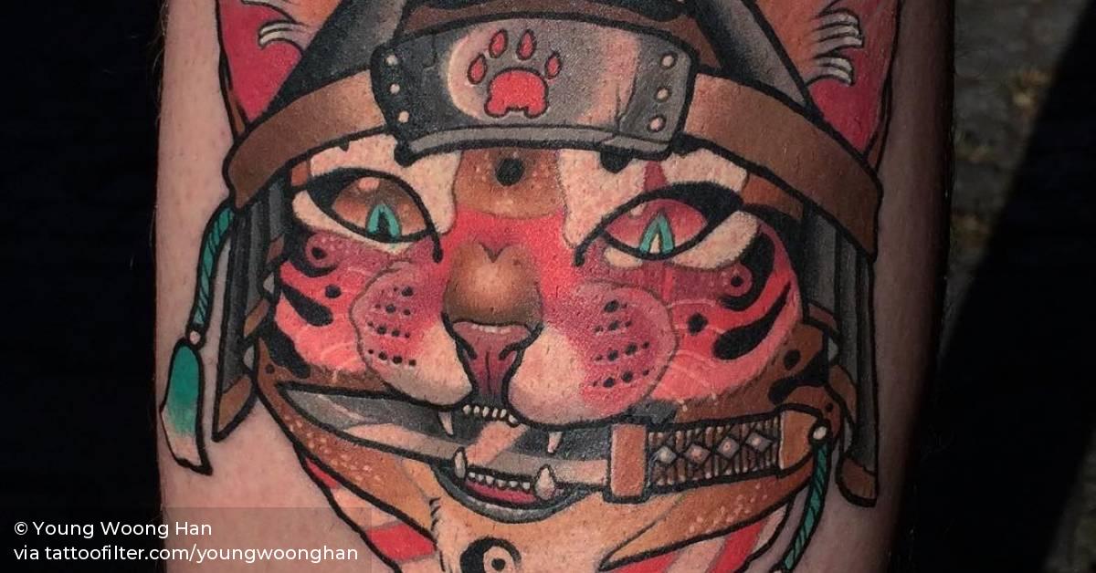 Neotraditional Ninja Cat Tattoo On The Left Calf. 628_x_1200_jpg