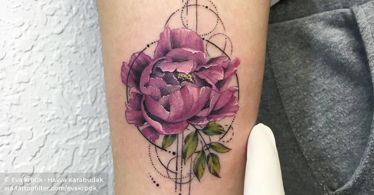 Graphic Style Peony Tattoo On The Right Inner Forearm. 628_x_1200_jpg