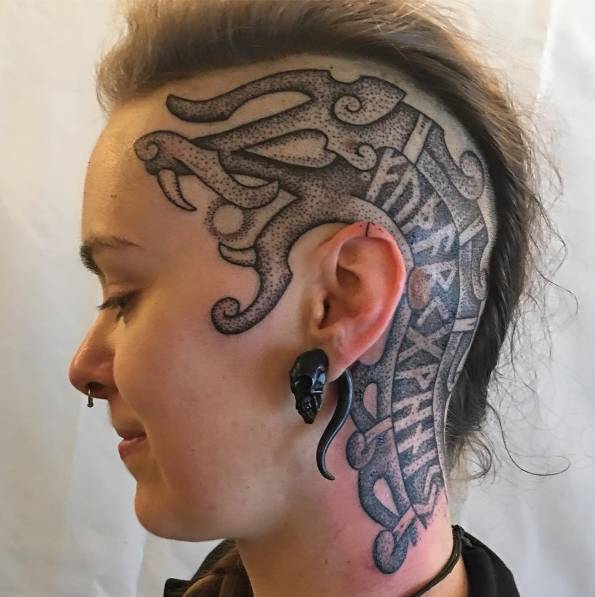 Nordic Dragon Tattoo On This Lovely Ladys Head. 597_x_595_jpg