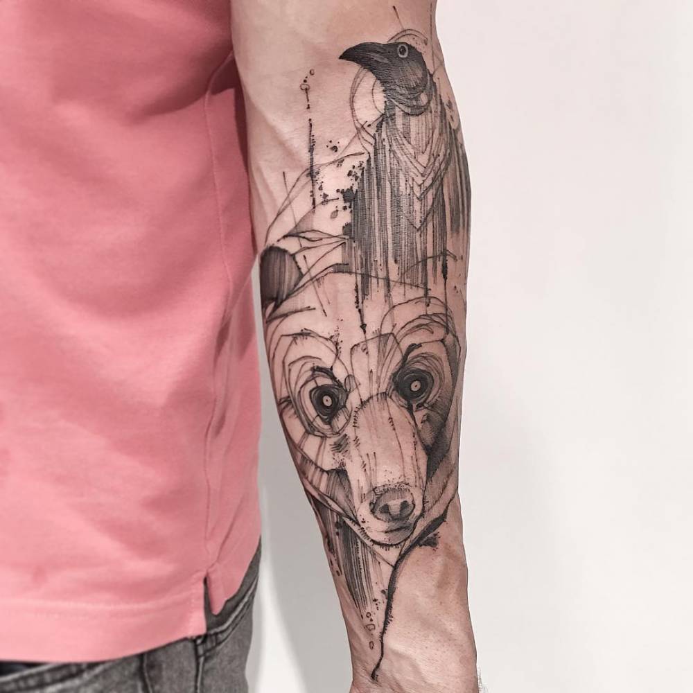 Sketch Work Crow And Bear Tattoo On The Left Inner Arm. 1000_x_1000_jpg