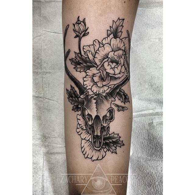 Deer Skull And Flower Tattoos On The Arm. 640_x_640_jpg