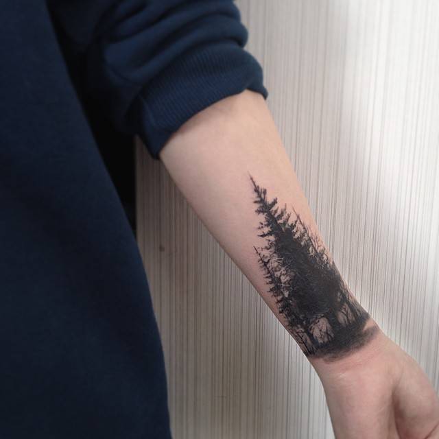 Blackwork Style Forest Tattoo On The Forearm. 640_x_640_jpg