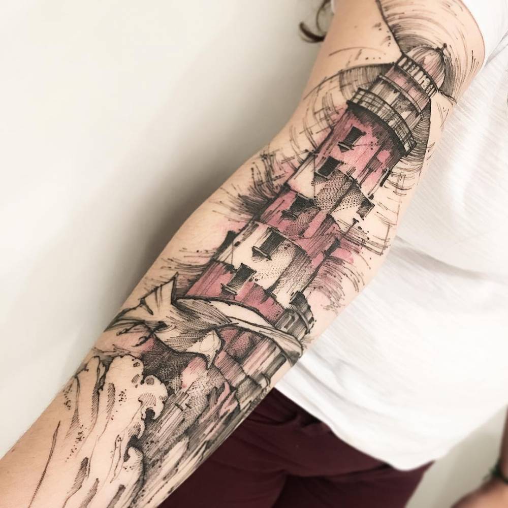 Sketch Work Lighthouse Tattoo On The Right Arm. 1000_x_1000_jpg