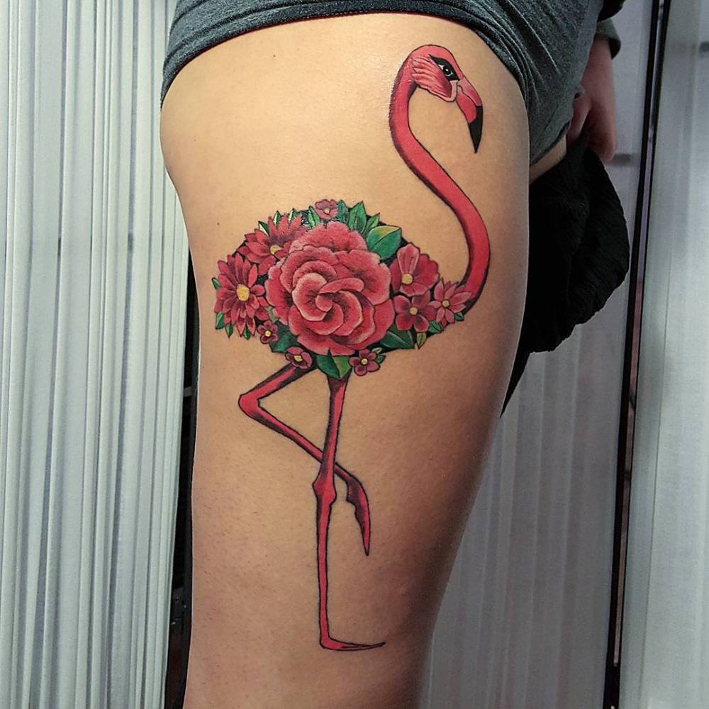 Floral Flamingo Tattoo On The Right Thigh For Kaitlyn. 1000_x_1000_jpg
