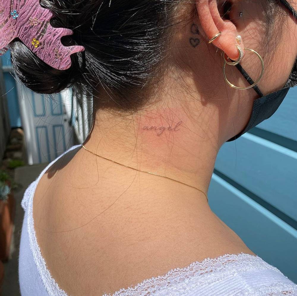 Angel" Lettering Tattoo On The Neck. 998_x_1000_jpg