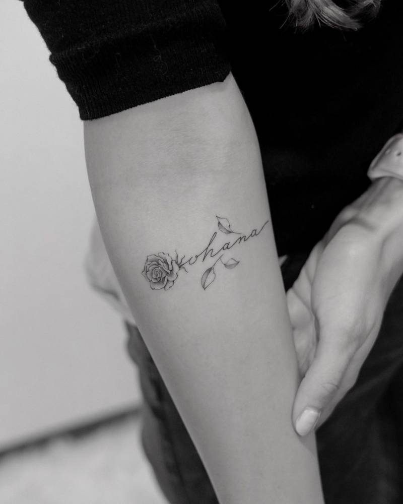 Fine Line Rose + "Ohana" Tattoo On The Inner Forearm. 1000_x_800_jpg
