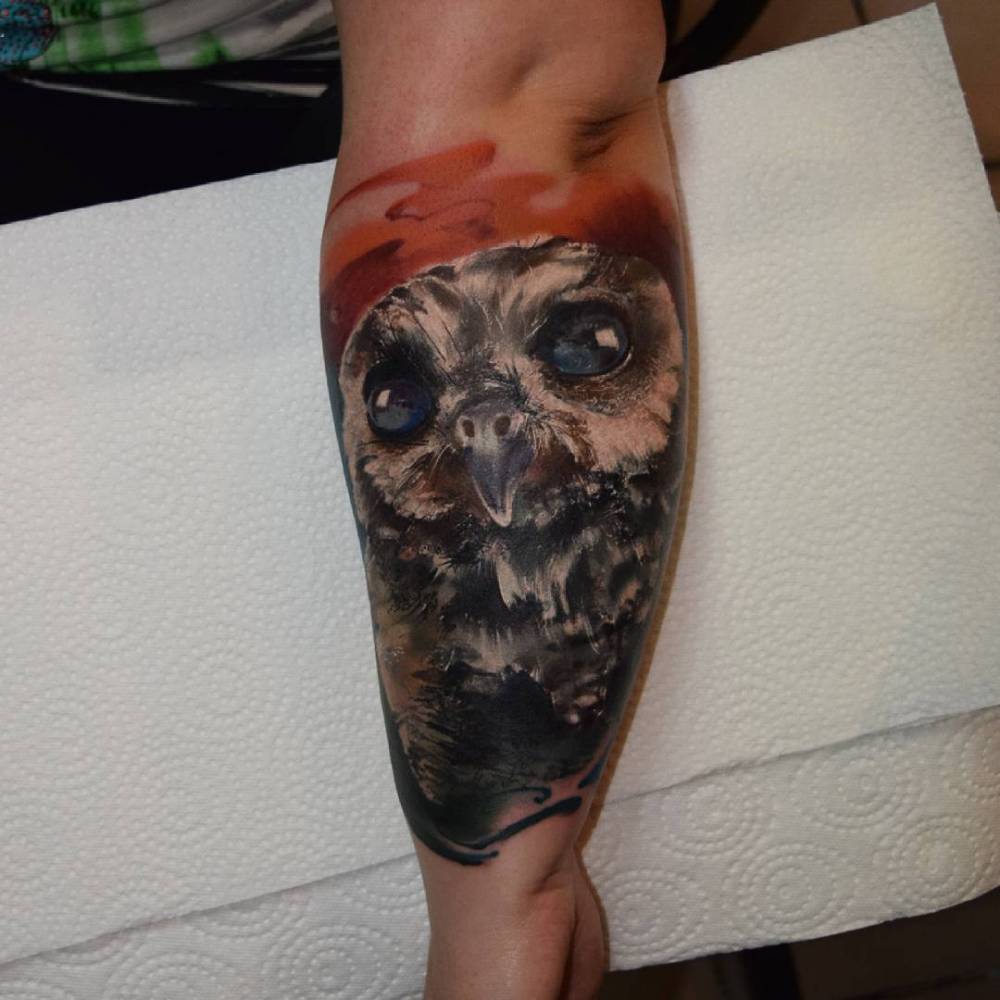 Realistic Owl Portrait Tattoo On The Forearm. 1000_x_1000_jpg