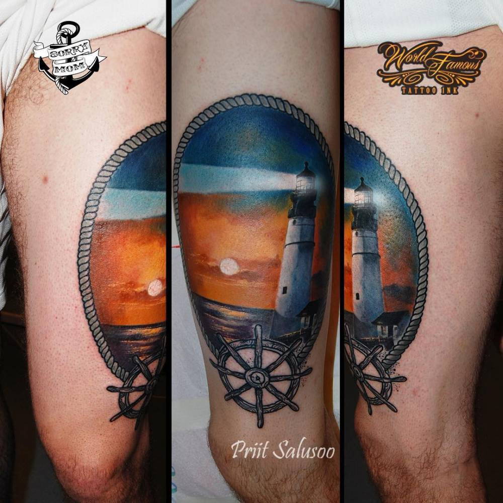 Realistic Lighthouse Tattoo On The Thigh. 1000_x_1000_jpg