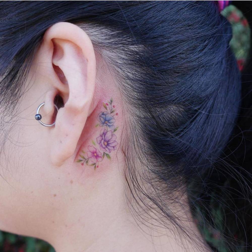 Watercolor Flowers Tattoo Behind The Ear. 999_x_1000_jpg