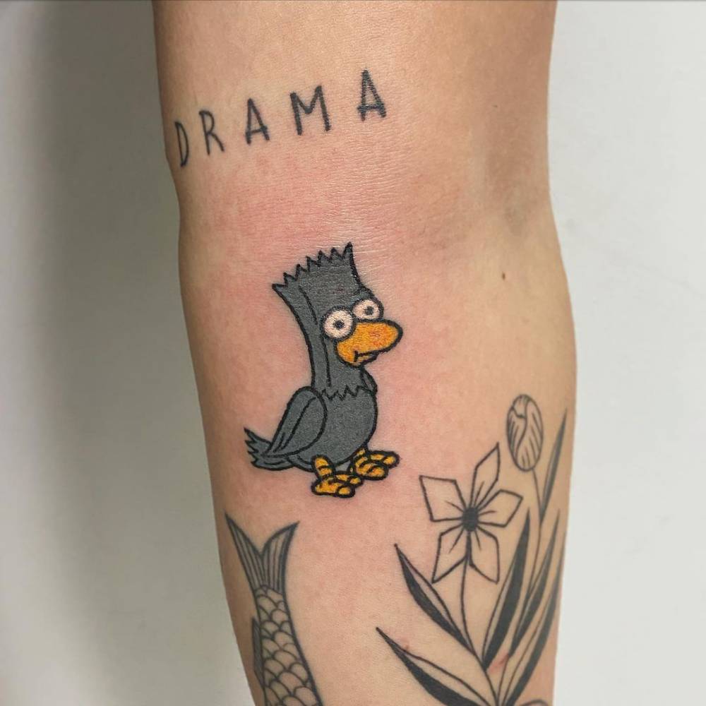 Hand Poked Crow Bart Simpson Tattoo On The Inner