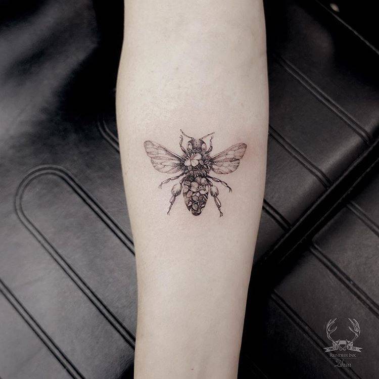 Flower Honey Bee Tattoo On The Inner Forearm. 750_x_750_jpg