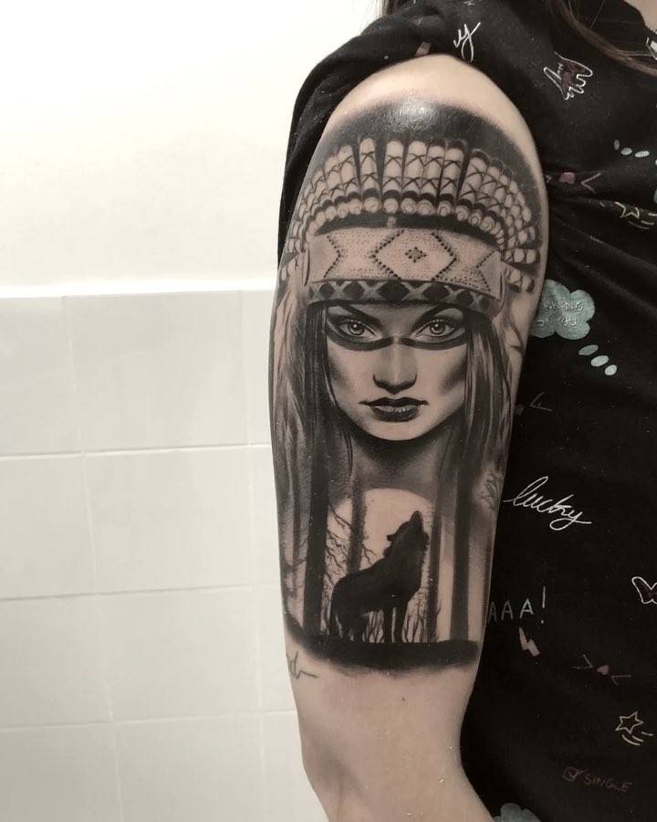 Black And Grey Native American Woman And Wolf Tattoo On 900_x_720_jpg